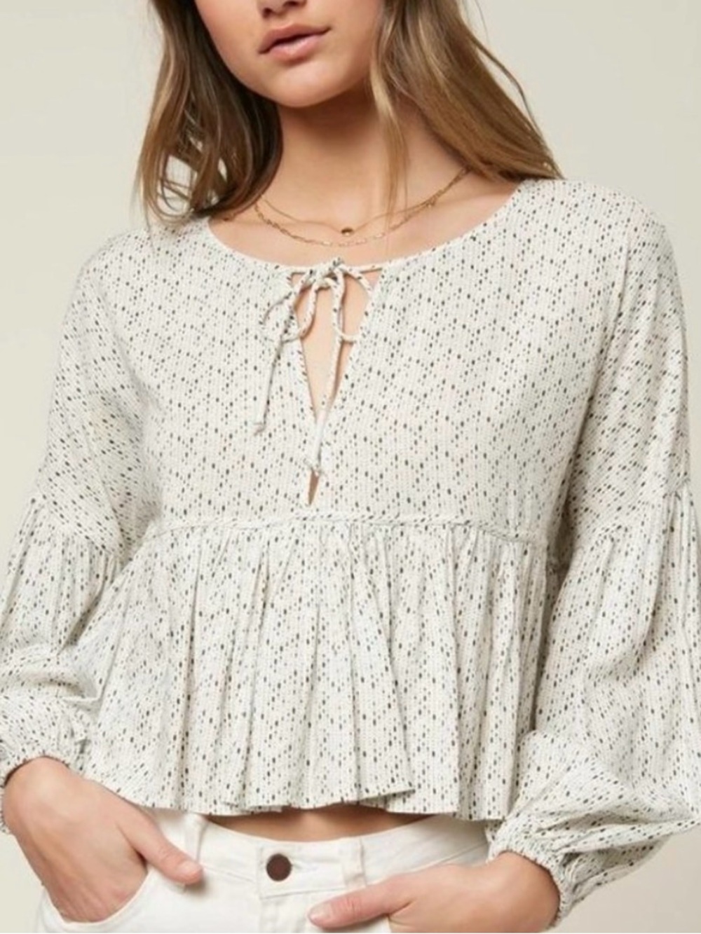 O’Neill Women’s Rosie Dot‎ Long Sleeve Peplum White Top Small